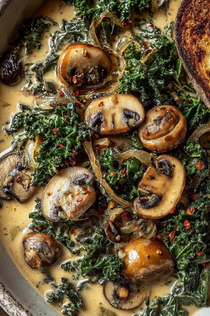 Wild mushroom and kale soup in a white bowl garnished with fresh parsley and a drizzle of truffle oil