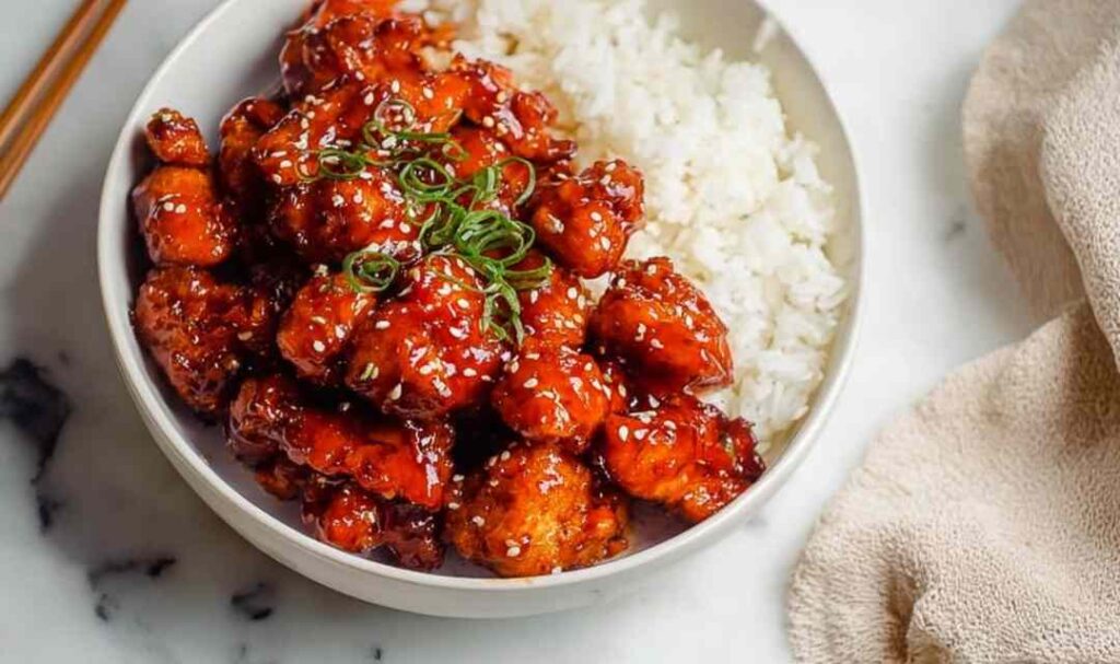 Crispy air fryer General Tso's chicken tossed in homemade sweet and spicy sauce served over steamed white rice