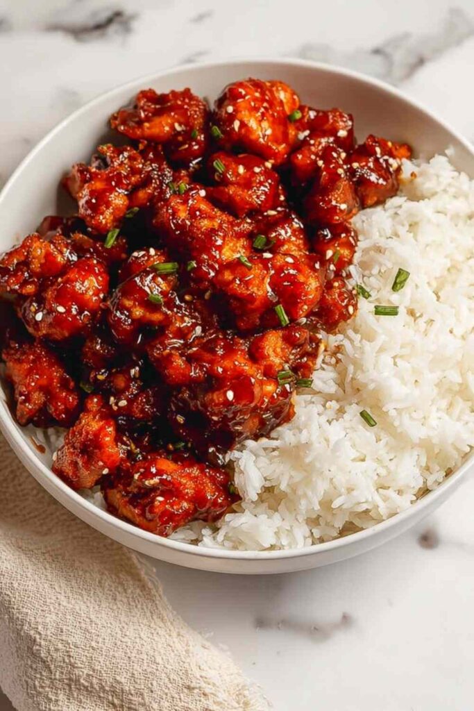 Crispy air fryer General Tso's chicken tossed in homemade sweet and spicy sauce served over steamed white rice