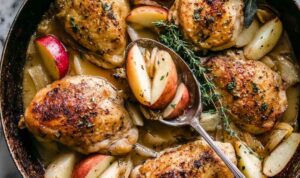 Apple chicken sheet pan dinner with caramelized brown sugar apples and onions on a rimmed baking sheet