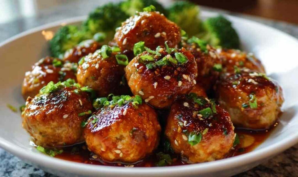 Baked Asian chicken meatballs coated in sticky honey sesame glaze garnished with toasted sesame seeds and green onions in a white bowl over rice