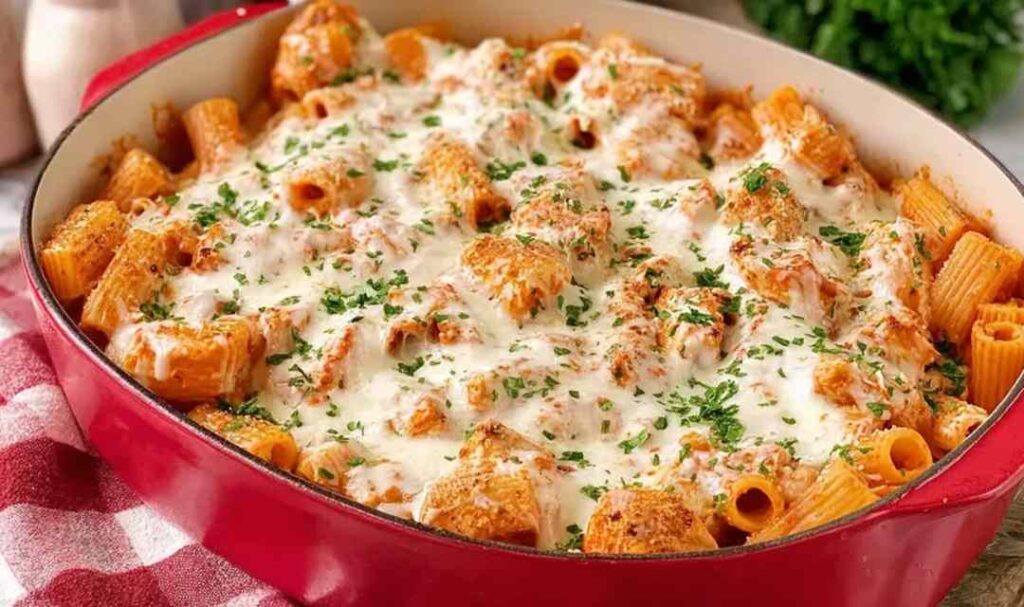 Baked chicken parmesan pasta in a white baking dish with melted mozzarella and fresh basil