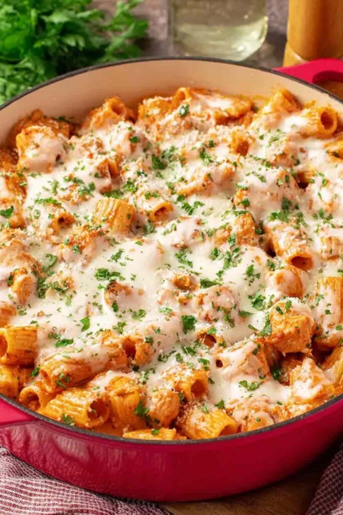 Baked chicken parmesan pasta in a white baking dish with melted mozzarella and fresh basil