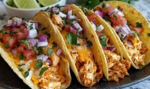 Baked Chicken Tacos Crispy baked chicken tacos on a baking sheet with melted cheese and fresh toppings