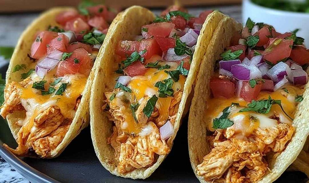 Baked Chicken Tacos 5 Crispy baked chicken tacos on a baking sheet with melted cheese and fresh toppings