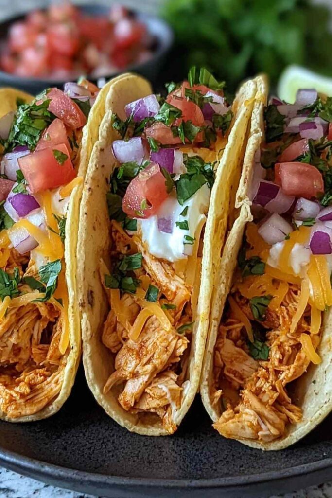 Baked Chicken Tacos 6 Crispy baked chicken tacos on a baking sheet with melted cheese and fresh toppings