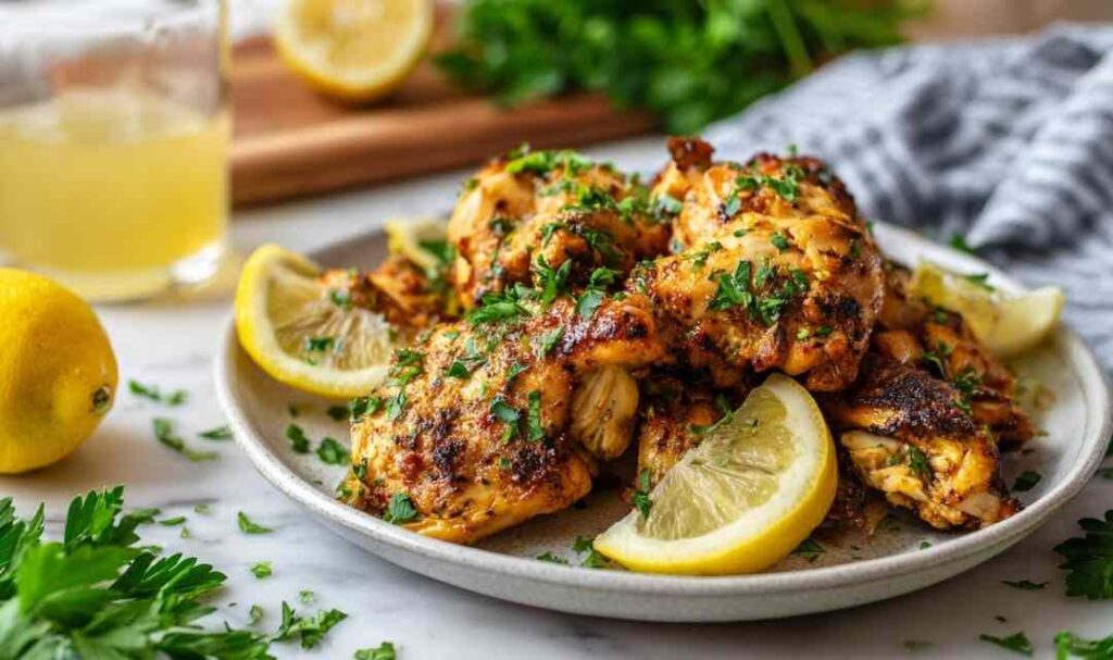 Beer can chicken recipe showing a whole grilled chicken balanced upright on a beer can with golden smoky paprika crust on an outdoor grill