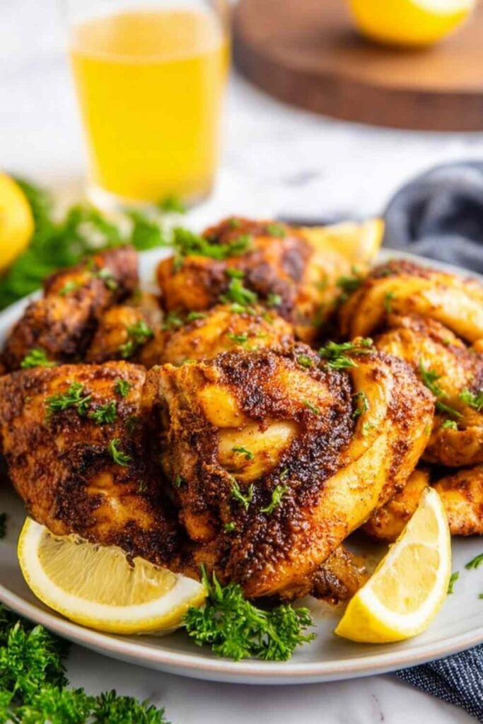 Beer can chicken recipe showing a whole grilled chicken balanced upright on a beer can with golden smoky paprika crust on an outdoor grill