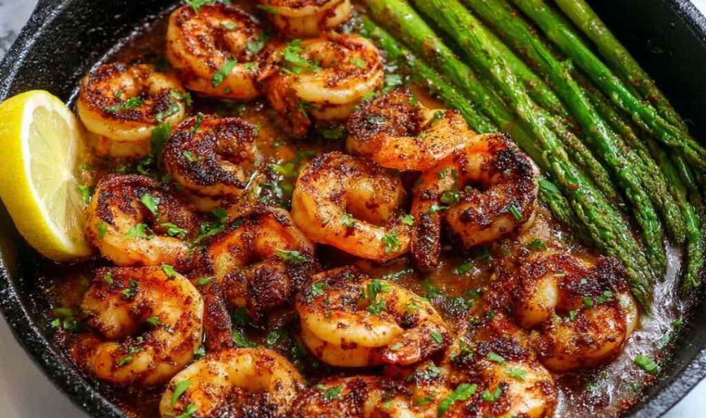Blackened shrimp and asparagus skillet in a pan garnished with lemon slices and fresh parsley