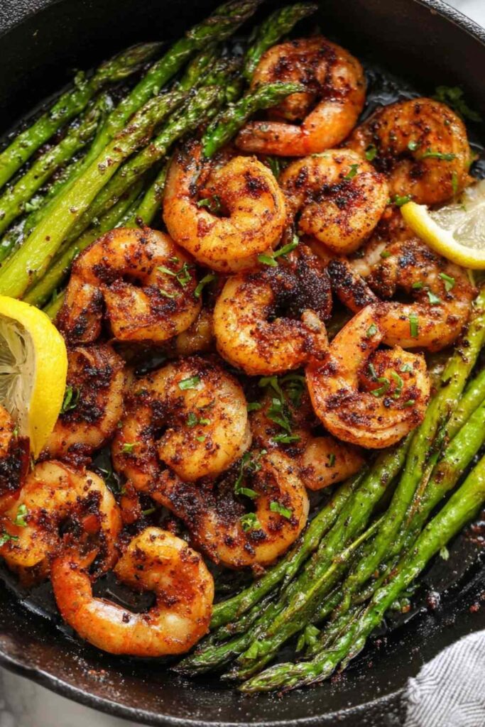 Blackened shrimp and asparagus skillet in a pan garnished with lemon slices and fresh parsley