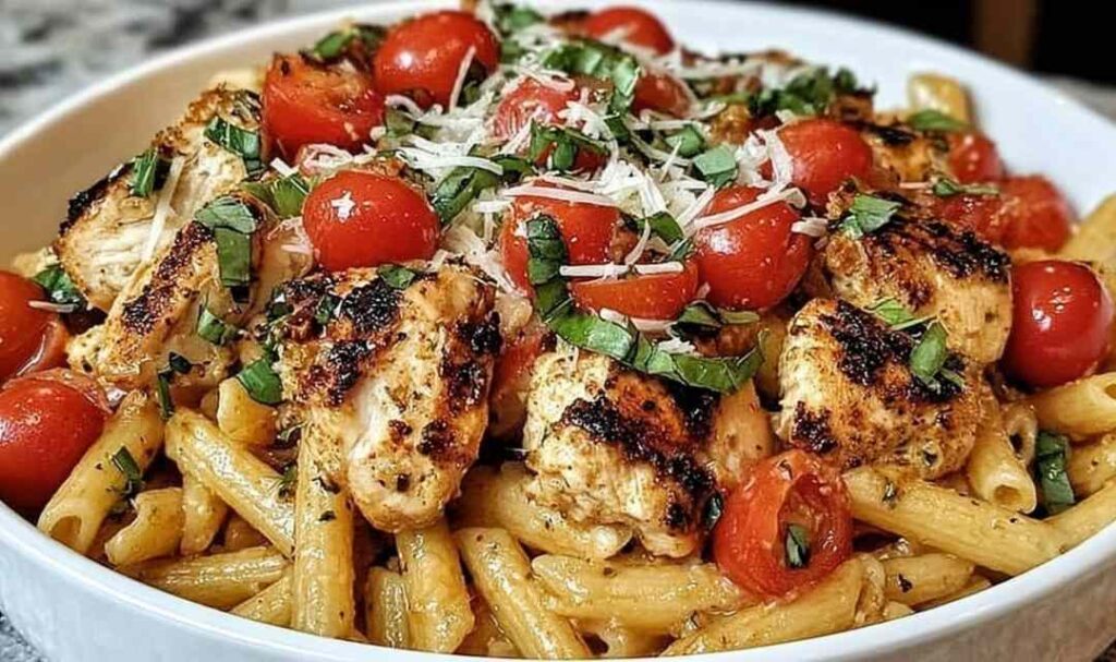 Bruschetta chicken pasta in a white bowl topped with fresh cherry tomatoes and basil