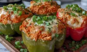 Buffalo Chicken Stuffed Peppers baked with melted cheddar cheese and sliced green onions on a sheet pan