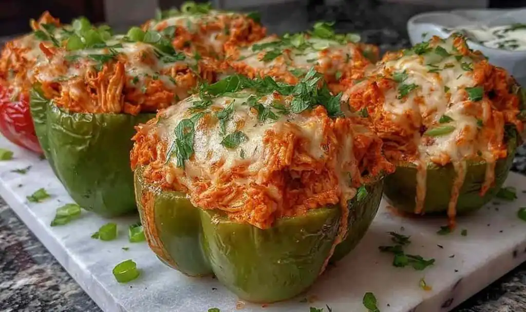 Buffalo Chicken Stuffed Peppers baked with melted cheddar cheese and sliced green onions on a sheet pan