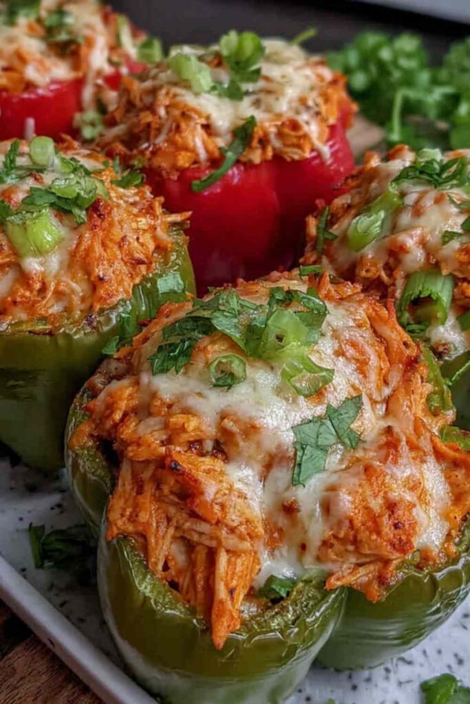 Buffalo Chicken Stuffed Peppers baked with melted cheddar cheese and sliced green onions on a sheet pan