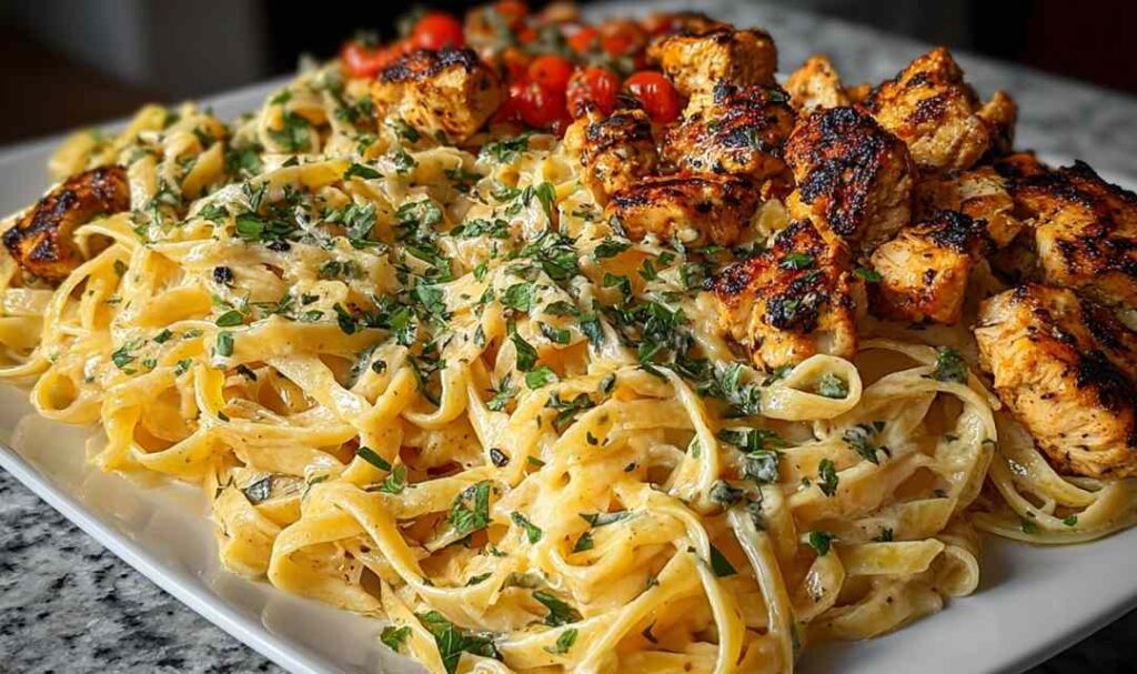 Creamy Cajun Chicken Linguine with Garlic Mozzarella Sauce 5 Creamy Cajun chicken linguine with garlic mozzarella sauce in a white bowl topped with fresh parsley