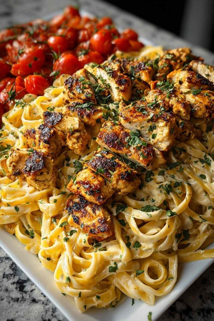 Creamy Cajun Chicken Linguine with Garlic Mozzarella Sauce 6 Creamy Cajun chicken linguine with garlic mozzarella sauce in a white bowl topped with fresh parsley