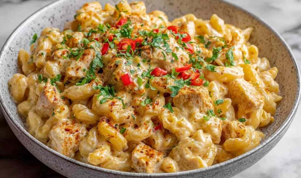 Cajun chicken mac and cheese in a cast iron skillet garnished with fresh parsley