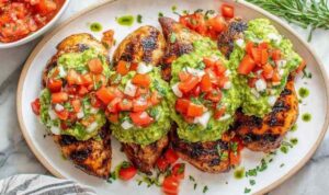California grilled chicken topped with creamy avocado, melted fresh mozzarella, and fresh tomatoes on a white plate