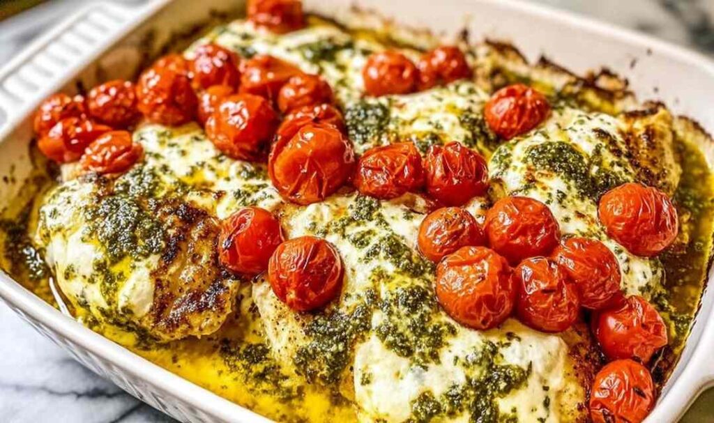 Caprese chicken casserole in a white baking dish with golden melted mozzarella and halved cherry tomatoes