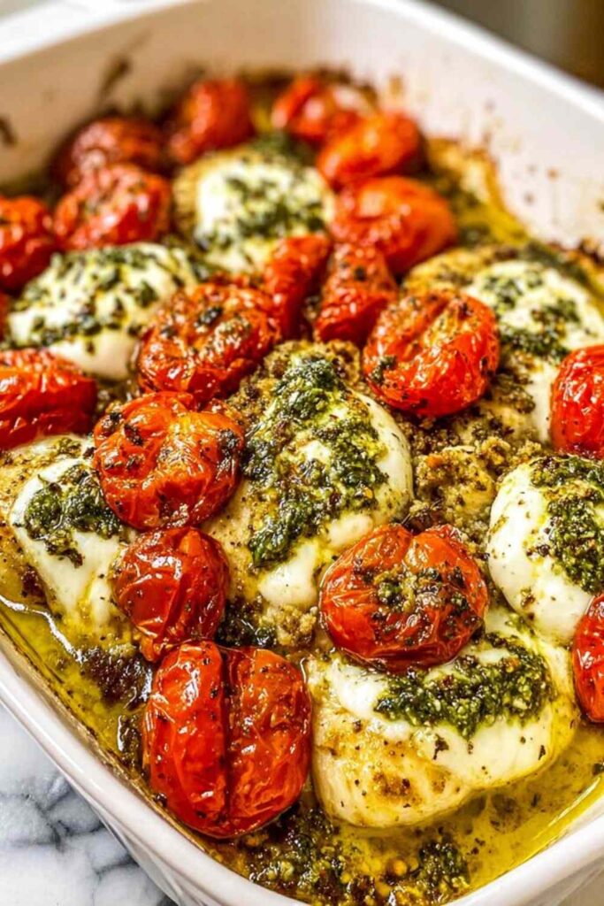 Caprese chicken casserole in a white baking dish with golden melted mozzarella and halved cherry tomatoes