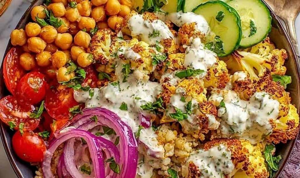 Cauliflower shawarma bowl with crispy roasted chickpeas, fresh cucumber, tomatoes, red onion, and yogurt-tahini drizzle over white rice