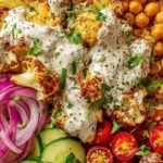 Cauliflower shawarma bowl with crispy roasted chickpeas, fresh cucumber, tomatoes, red onion, and yogurt-tahini drizzle over white rice