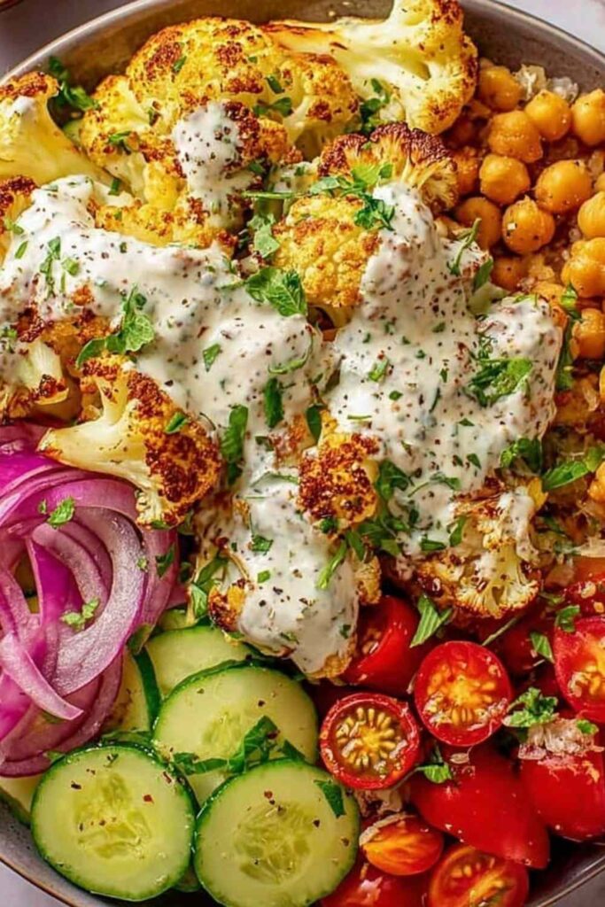 Cauliflower shawarma bowl with crispy roasted chickpeas, fresh cucumber, tomatoes, red onion, and yogurt-tahini drizzle over white rice