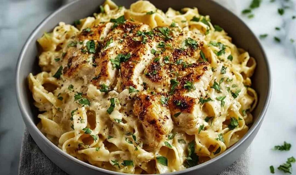 Chicken Buttered Noodles 5 Chicken buttered noodles in a large skillet topped with fresh parsley and grated parmesan