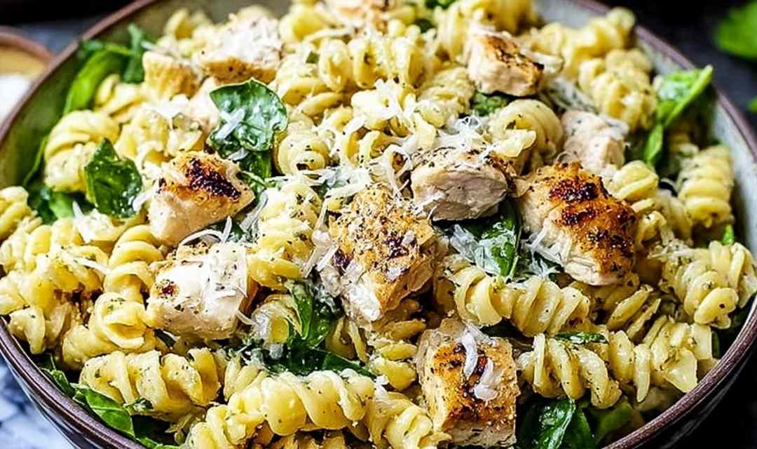 Chicken Caesar pasta salad in a large white bowl with croutons and parmesan