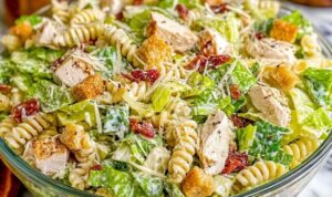 Chicken Caesar pasta salad in a large bowl with croutons, Parmesan and romaine lettuce