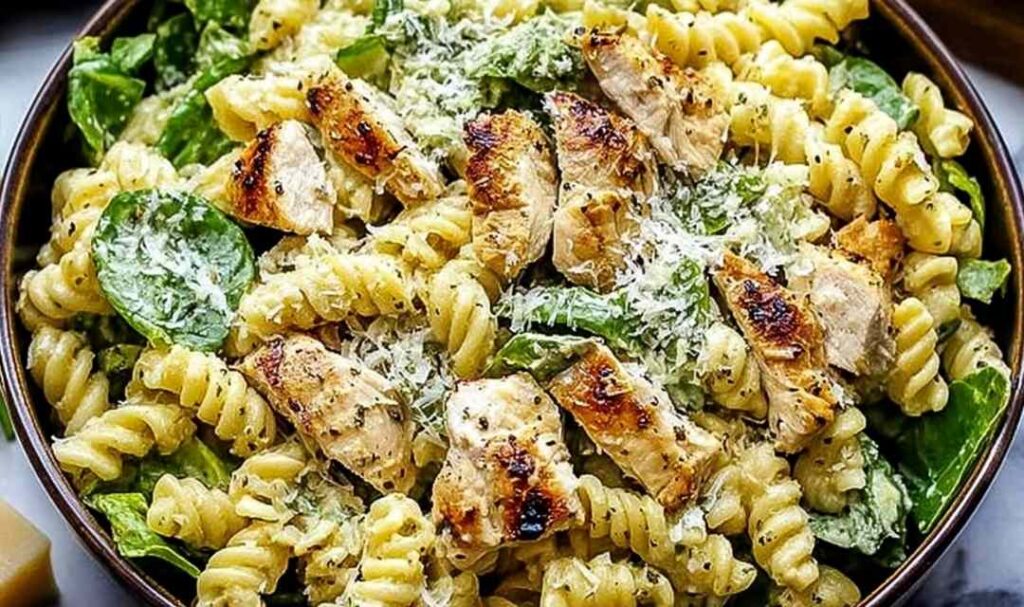 Chicken Caesar pasta salad in a large white bowl with croutons and parmesan