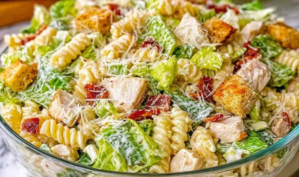 Chicken Caesar pasta salad in a large bowl with croutons, Parmesan and romaine lettuce