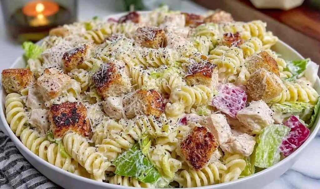 Chicken Caesar pasta salad with ground beef in a large white bowl topped with Parmesan cheese