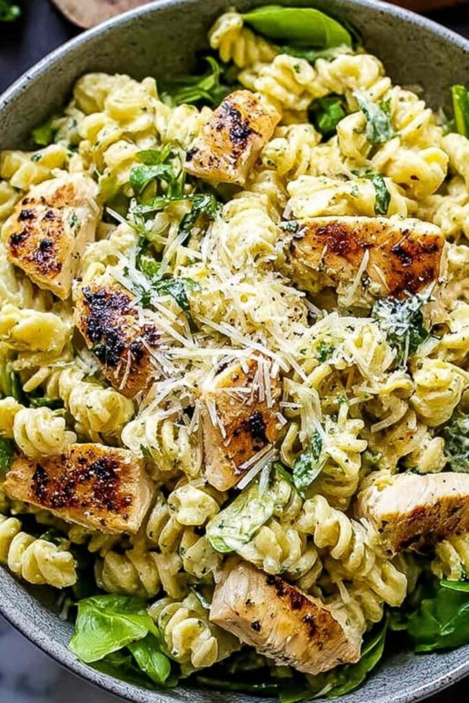 Chicken Caesar pasta salad in a large white bowl with croutons and parmesan