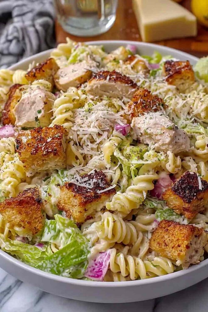 Chicken Caesar pasta salad with ground beef in a large white bowl topped with Parmesan cheese