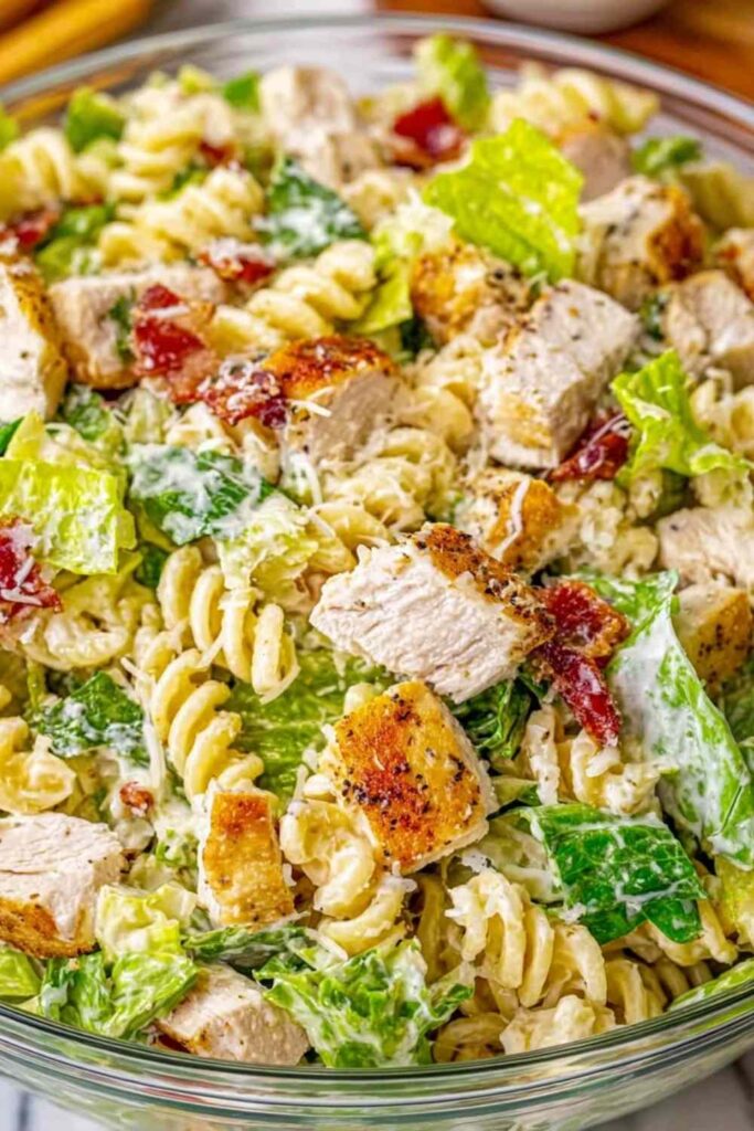 Chicken Caesar pasta salad in a large bowl with croutons, Parmesan and romaine lettuce