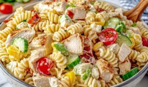 Chicken club pasta salad with rotisserie chicken, crispy bacon, cherry tomatoes, and avocado in a large bowl