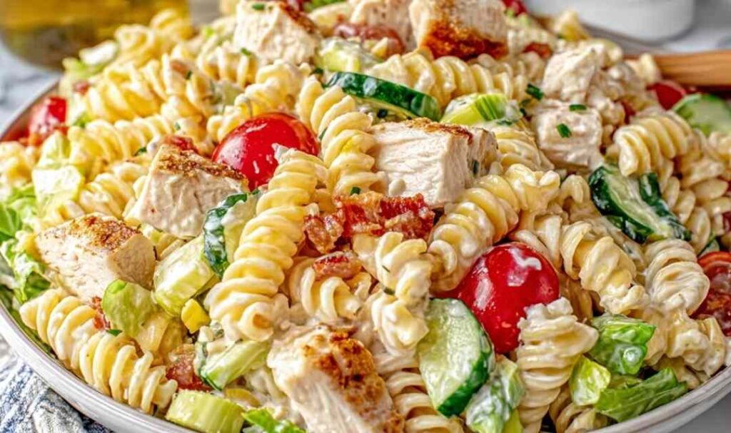 Chicken club pasta salad with rotisserie chicken, crispy bacon, cherry tomatoes, and avocado in a large bowl