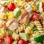 Chicken club pasta salad with rotisserie chicken, crispy bacon, cherry tomatoes, and avocado in a large bowl