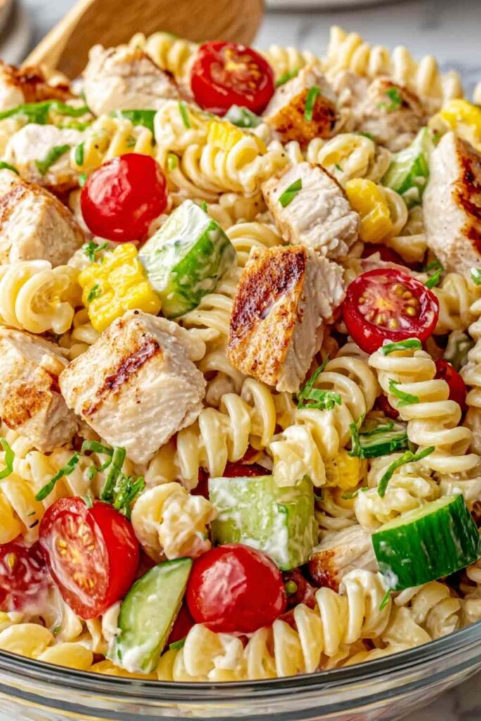 Chicken club pasta salad with rotisserie chicken, crispy bacon, cherry tomatoes, and avocado in a large bowl