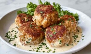 Chicken Cordon Bleu Meatballs with Dijon cream sauce served on a white plate garnished with fresh parsley