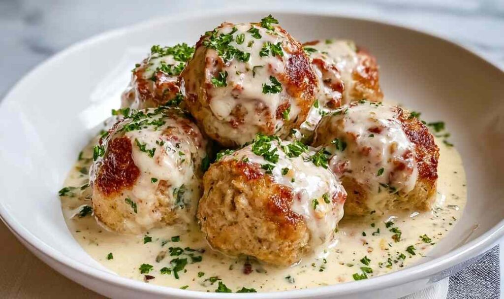 Chicken Cordon Bleu Meatballs with Dijon Cream Sauce 5 Chicken Cordon Bleu Meatballs with Dijon cream sauce served on a white plate garnished with fresh parsley