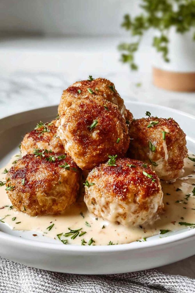 Chicken Cordon Bleu Meatballs with Dijon Cream Sauce 6 Chicken Cordon Bleu Meatballs with Dijon cream sauce served on a white plate garnished with fresh parsley