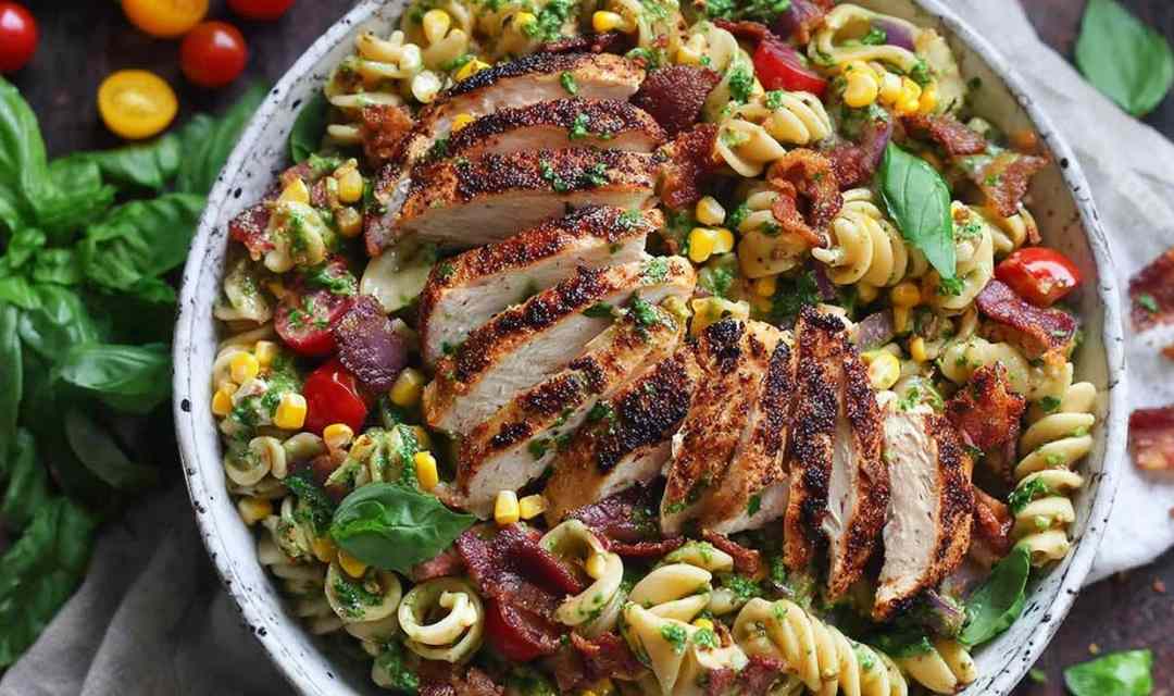 Chicken corn pasta salad in a large white serving bowl with fresh parsley garnish