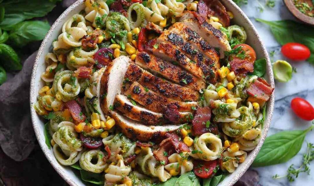 Chicken corn pasta salad in a large white serving bowl with fresh parsley garnish