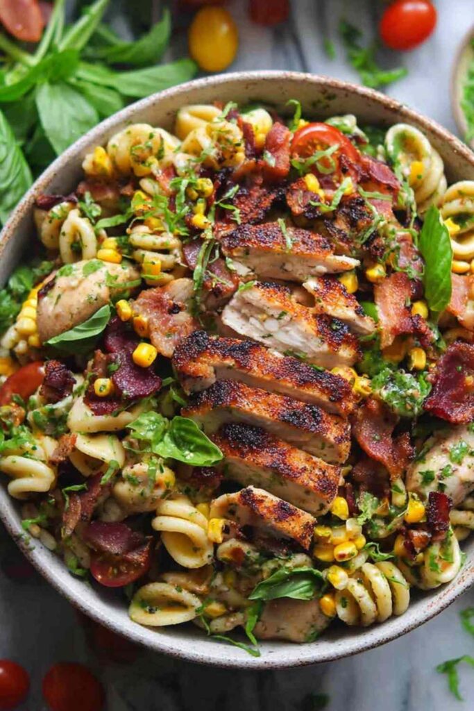 Chicken corn pasta salad in a large white serving bowl with fresh parsley garnish