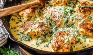 Chicken Florentine in a cast iron skillet with creamy Parmesan spinach sauce and golden seared chicken thighs