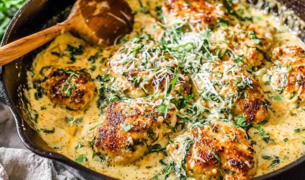 Chicken Florentine in a cast iron skillet with creamy Parmesan spinach sauce and golden seared chicken thighs