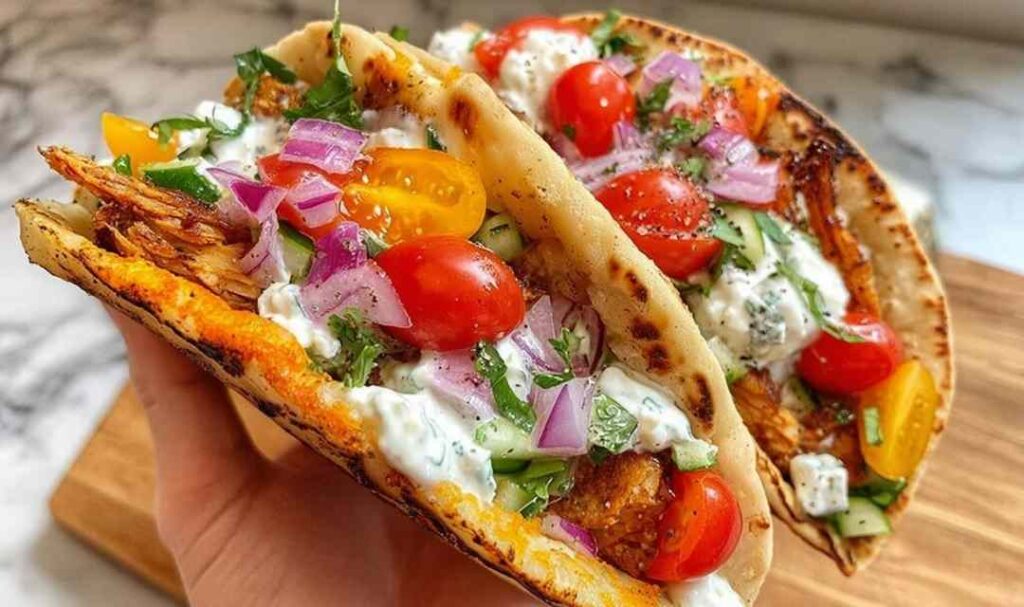 Chicken Gyros Smash Tacos 5 Chicken Gyros Smash Tacos topped with tzatziki, cucumber, cherry tomatoes, and fresh coriander on a wooden board