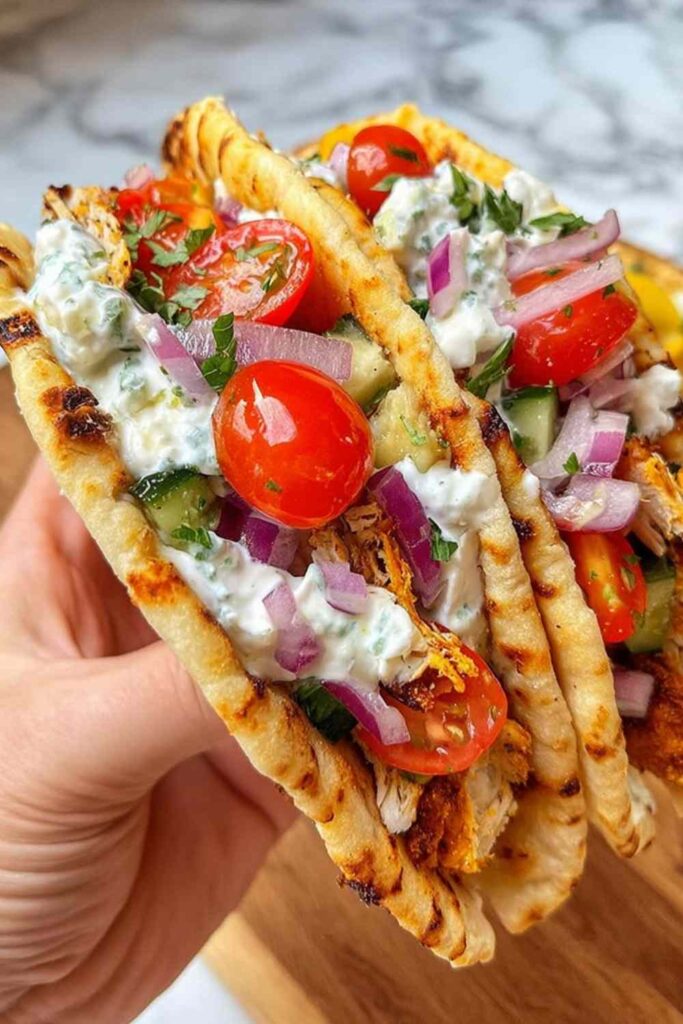 Chicken Gyros Smash Tacos 6 Chicken Gyros Smash Tacos topped with tzatziki, cucumber, cherry tomatoes, and fresh coriander on a wooden board